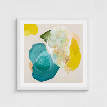 Bold abstract art print for living room on paper. Framed in a white finish, close up. Ingeborg Andersson Art