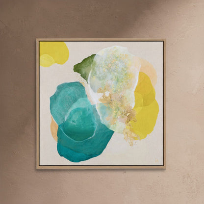 Cosmic Gold, bold abstract art print in natural frame for living room, close-up. Ingeborg Andersson Art
