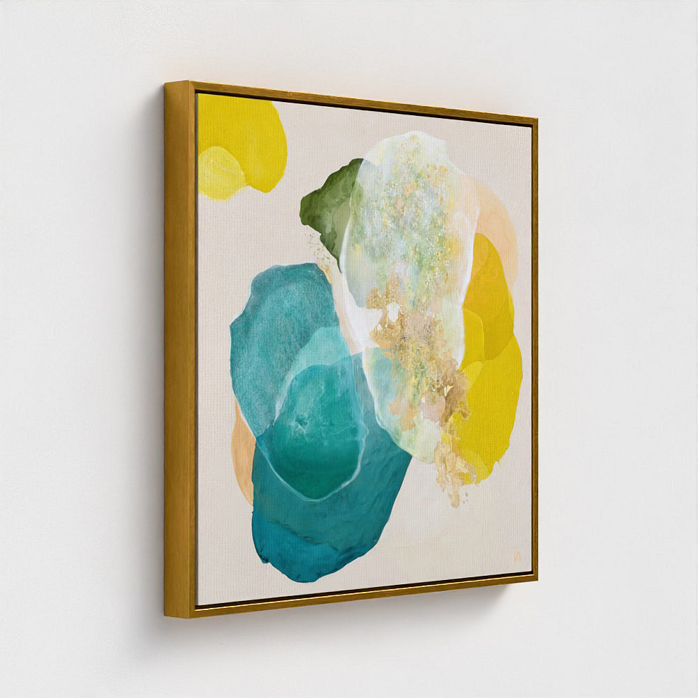 Cosmic Gold, bold abstract art print in gold frame, side, close-up. Ingeborg Andersson Art