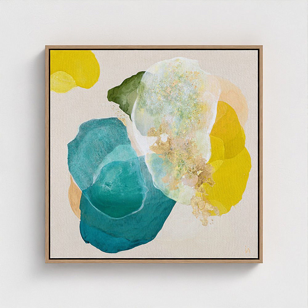 Cosmic Gold, bold abstract art print in natural frame, close-up. Ingeborg Andersson Art