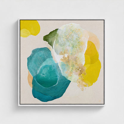 Cosmic Gold, bold abstract art print in white floating frame, close-up. Ingeborg Andersson Art