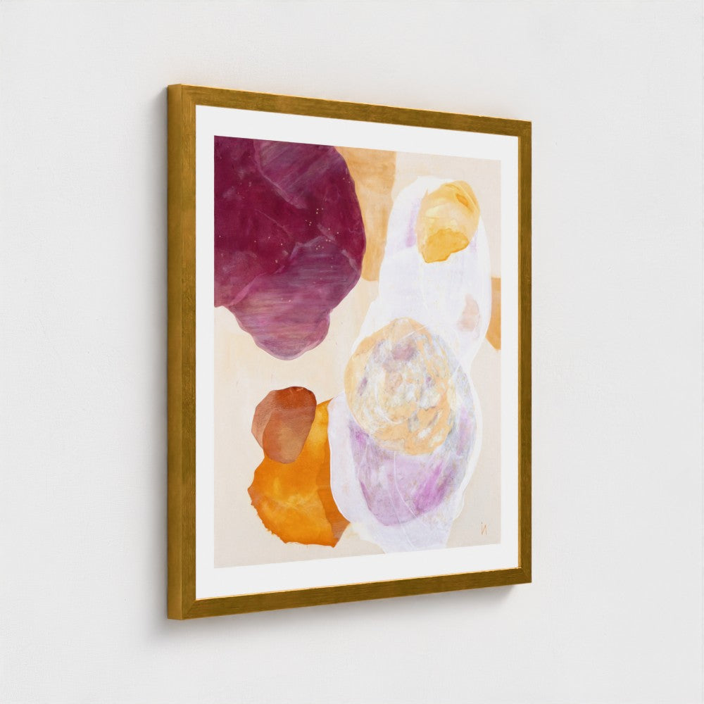 Serene abstract wall art print on paper, classic frame in gold finish. Close up.  Ingeborg Andersson Art
