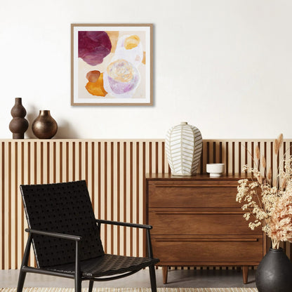 Serene abstract wall art print on paper framed, hanging in a living room, modern mid-century style.  Ingeborg Andersson Art