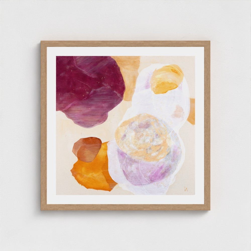 Serene abstract wall art print on paper, classic frame in natural finish. Close up.  Ingeborg Andersson Art