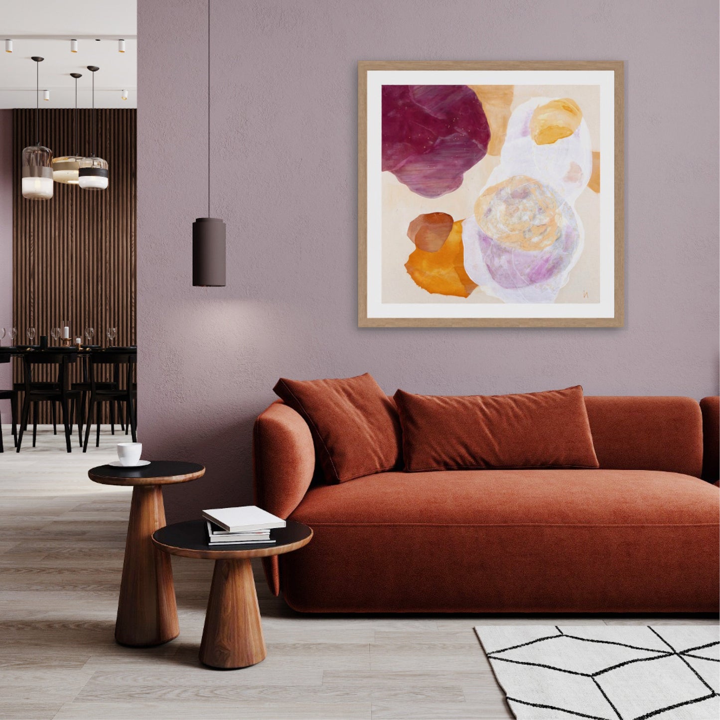 Serene abstract wall art print on paper framed  Hanging in a modern living room. Ingeborg Andersson Art