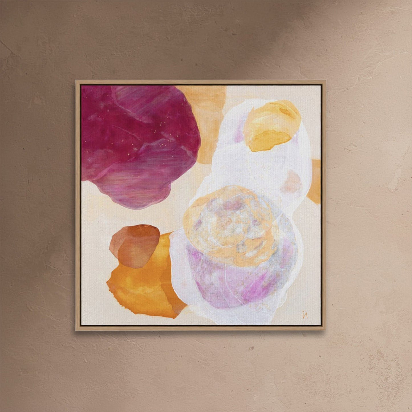 Cosmo, serene abstract wall art print with celestial forms in soft white, peachy gold and lavender tones. Framed, close-up. Ingeborg Andersson Art