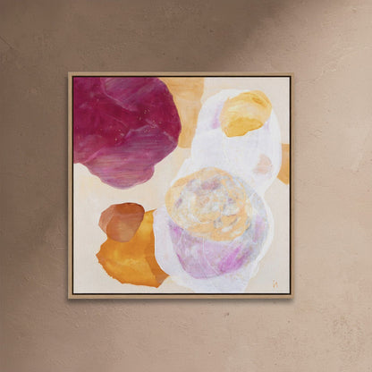 Cosmo, serene abstract wall art print with celestial forms in soft white, peachy gold and lavender tones. Framed, close-up. Ingeborg Andersson Art
