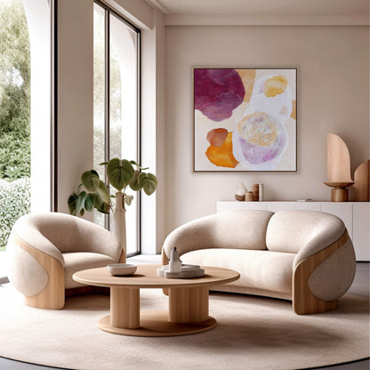Cosmo, serene abstract wall art print in natural frame, hanging in a modern living room, scandinavian style. Ingeborg Andersson Art