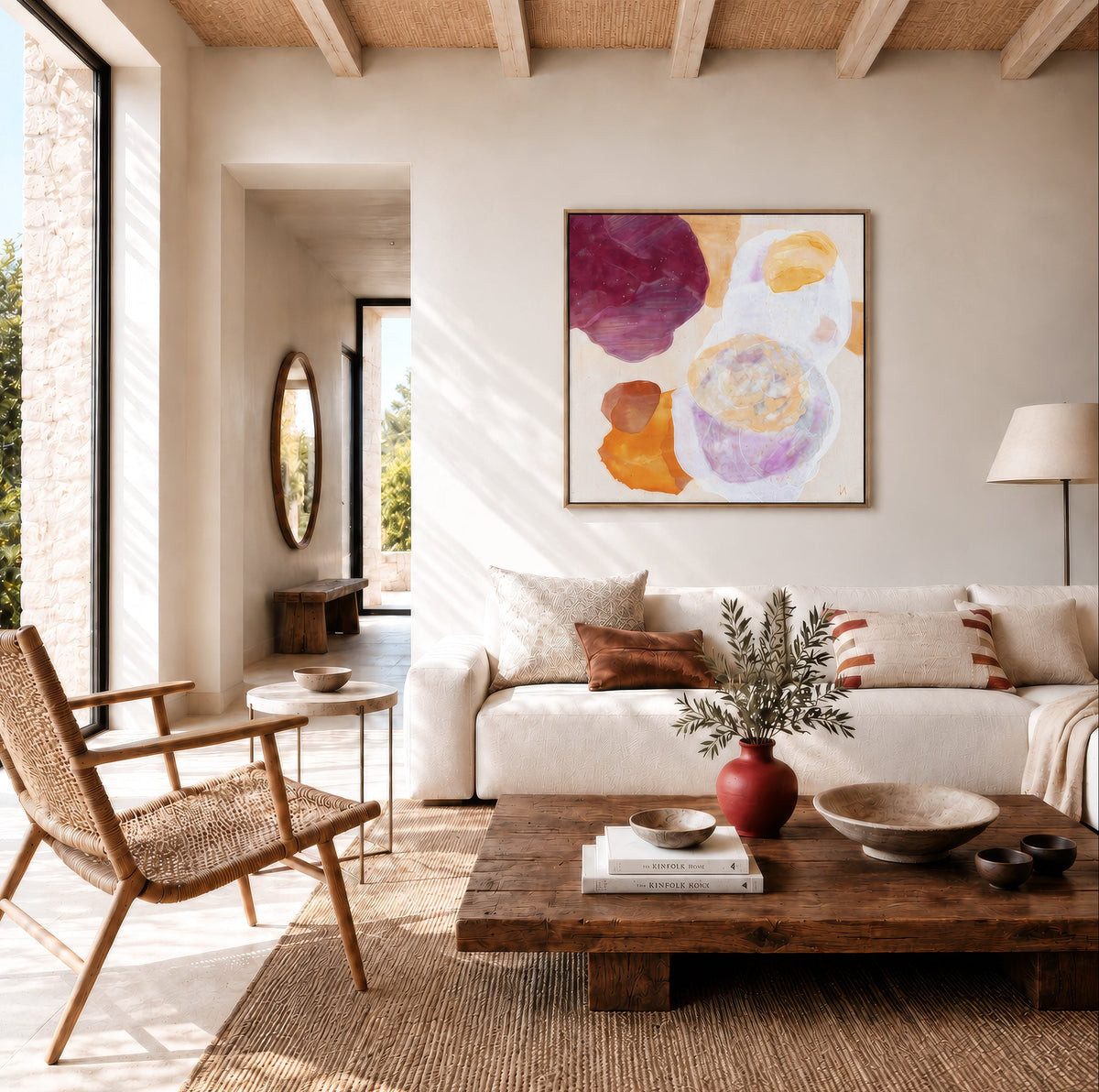 Cosmo, serene abstract wall art print in natural frame, hanging in a modern living room. Ingeborg Andersson Art