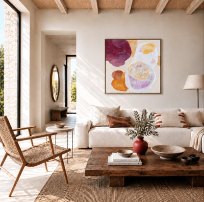 Cosmo, serene abstract wall art print in natural frame, hanging in a modern living room. Ingeborg Andersson Art