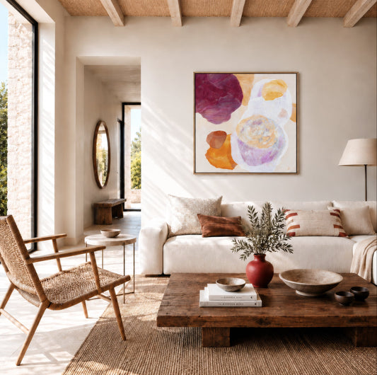 Cosmo, serene abstract wall art print in natural frame, hanging in a modern living room. Ingeborg Andersson Art