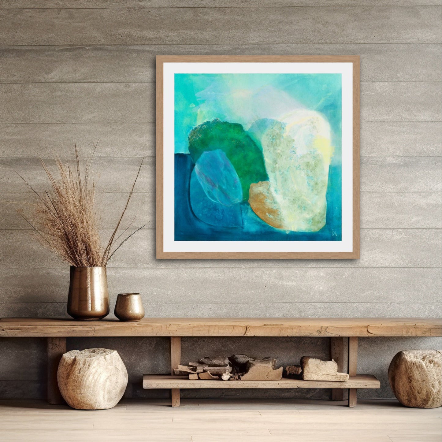 Gems, abstract coastal wall art print in classic frame in a hallway. Ingeborg Andersson Art