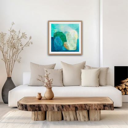 Gems, abstract coastal wall art print in classic frame in a soulful living room. Ingeborg Andersson Art