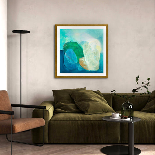 Gems, abstract coastal wall art print with deep teal and turquoise tones, organic stone shapes and rich layered texture on paper in a modern living room. Ingeborg Andersson Art