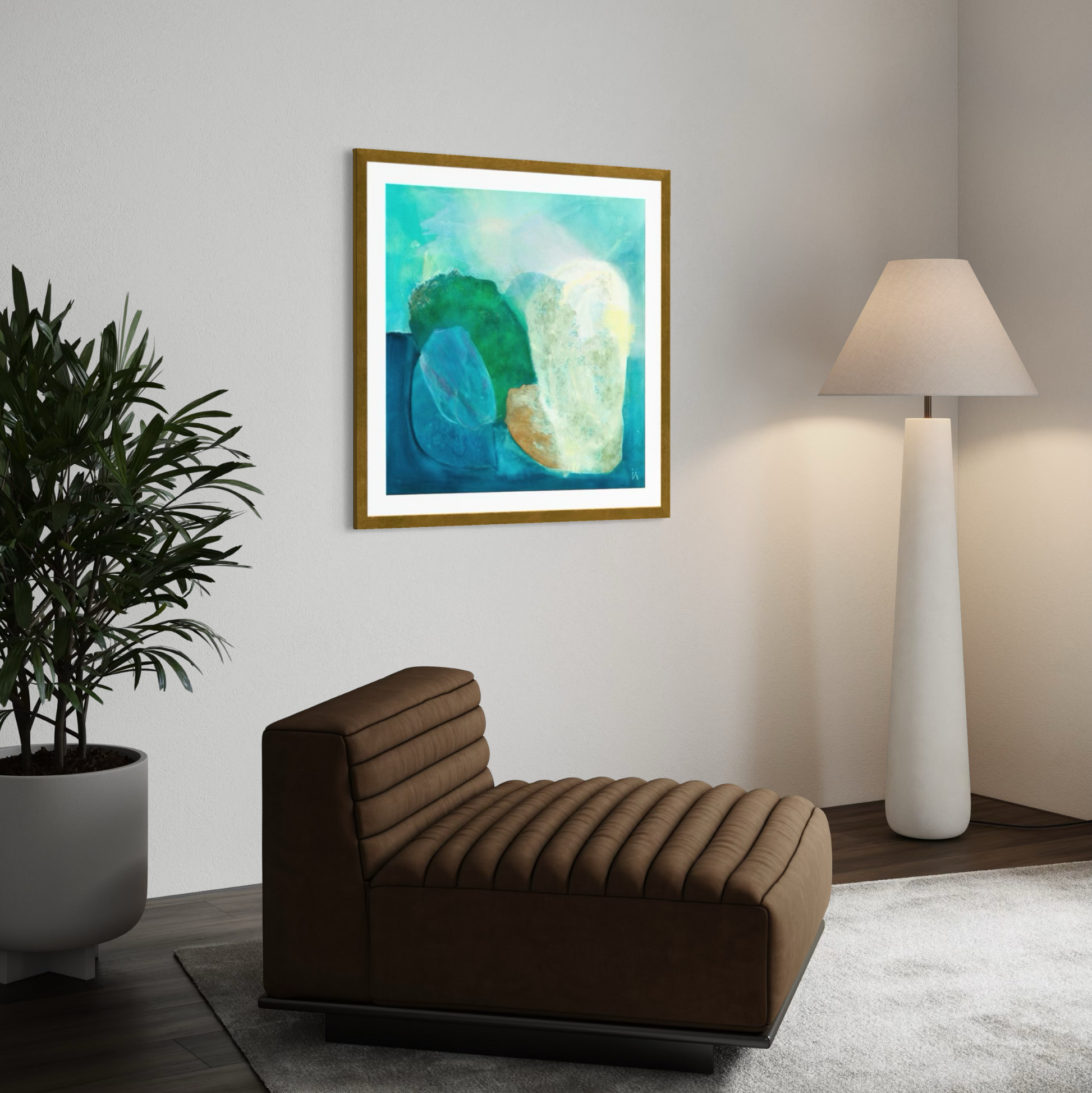 Gems, abstract coastal wall art print in classic frame in a  minimalistic living room. Ingeborg Andersson Art