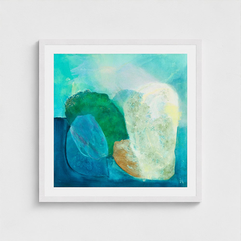 Gems, abstract coastal wall art print, classic frame, white finish. Ingeborg Andersson Art