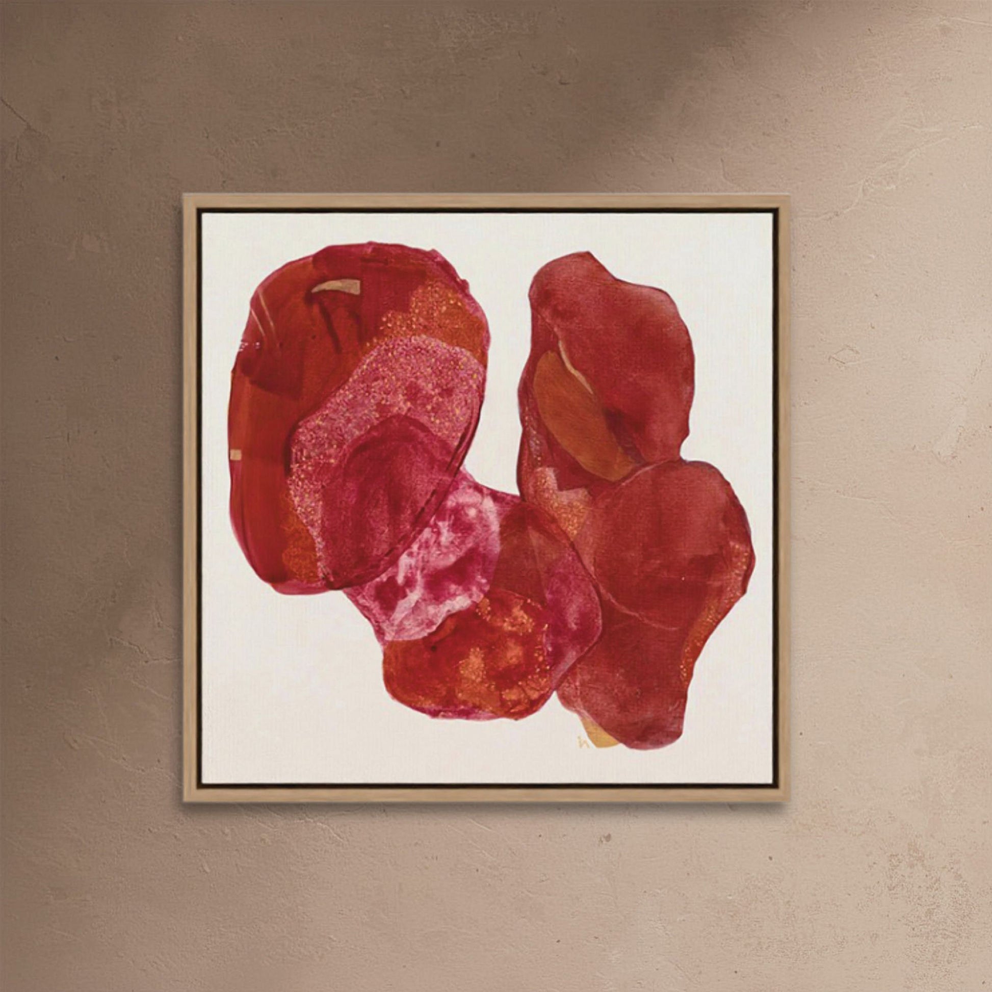 Golden Feather, a statement abstract art print with deep burgundy and rose gold shimmer texture, luxurious and elegant. Ingeborg Andersson 