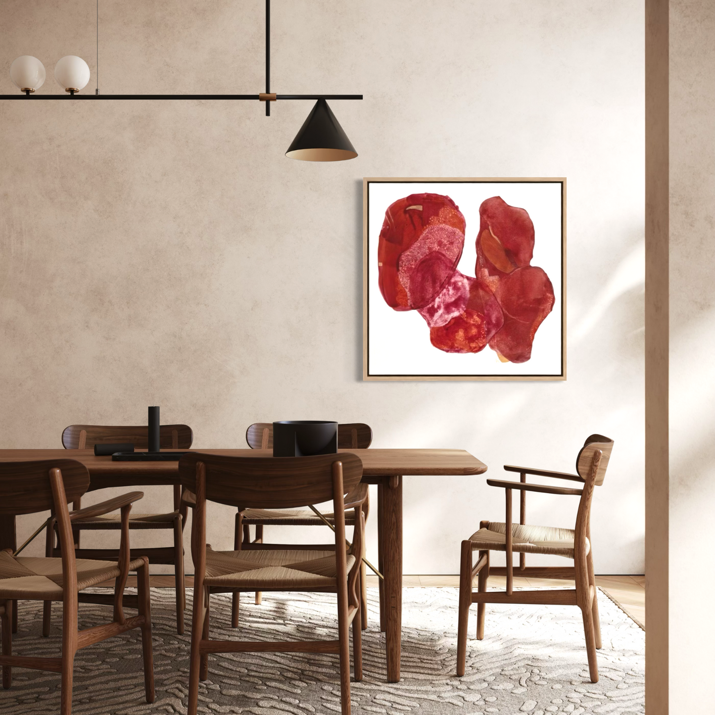 Golden Feather, a statement abstract art print hanging in a dining area, mid-century style. Ingeborg Andersson Art