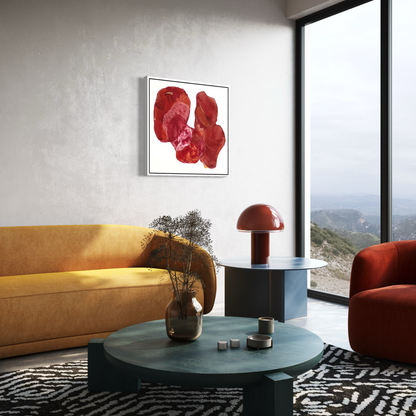 Golden Feather, a statement abstract art print in a modern living room with a view. Ingeborg Andersson Art