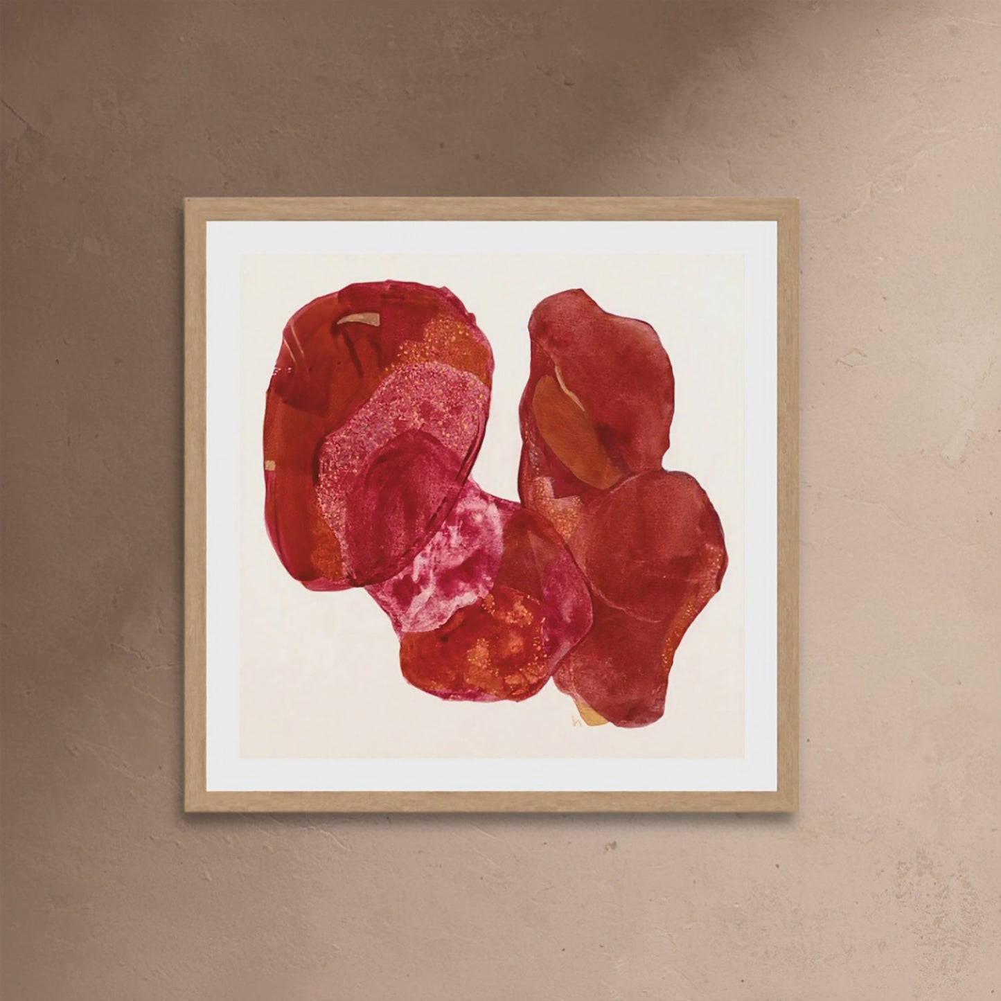 Golden Feather, statement abstract art print with deep burgundy and rose gold shimmer texture on paper in a classic frame. Ingeborg Andersson Art