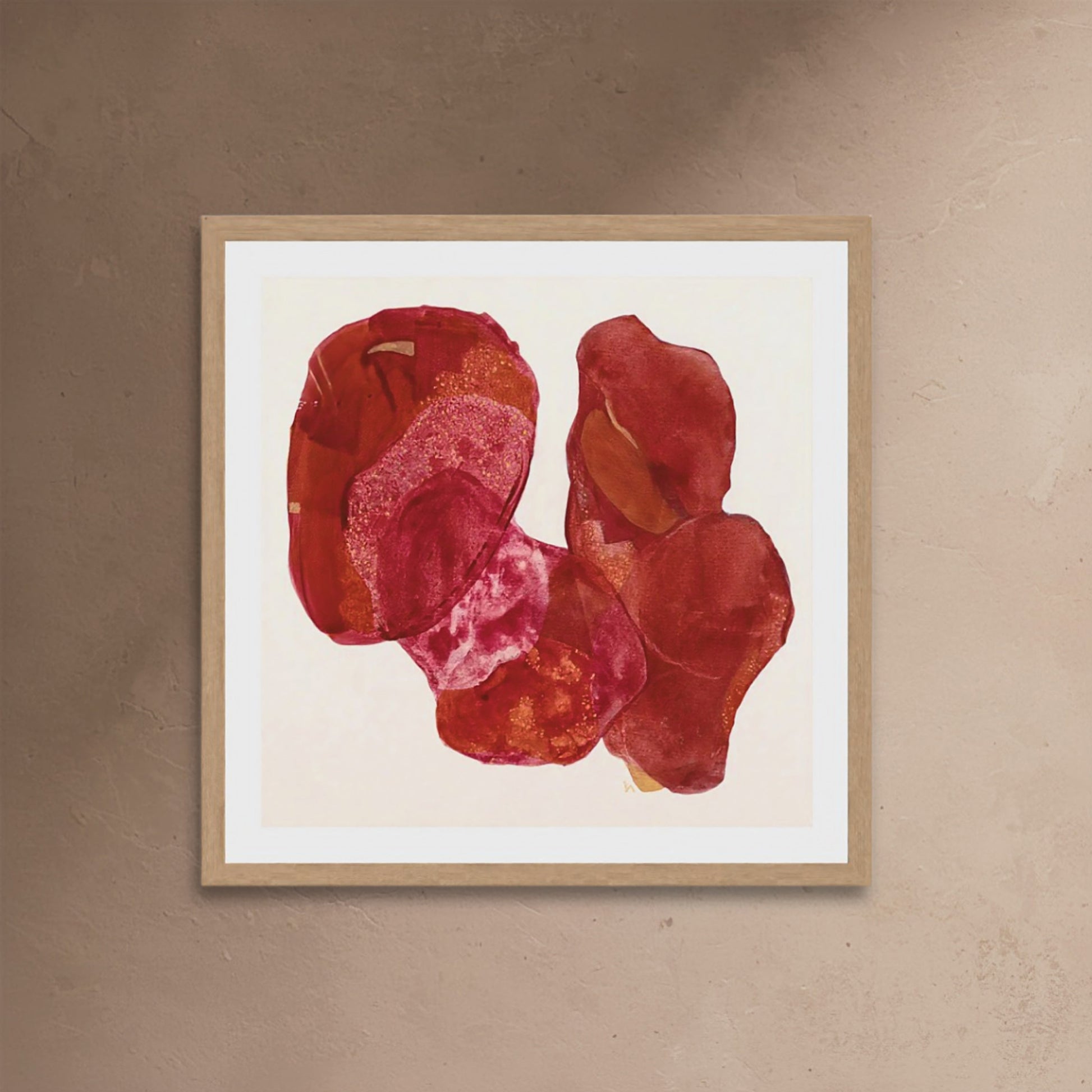Golden Feather, statement abstract art print with deep burgundy and rose gold shimmer texture on paper in a classic frame. Ingeborg Andersson Art