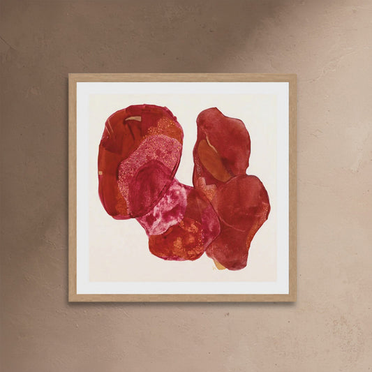 Golden Feather, statement abstract art print with deep burgundy and rose gold shimmer texture on paper in a classic frame. Ingeborg Andersson Art