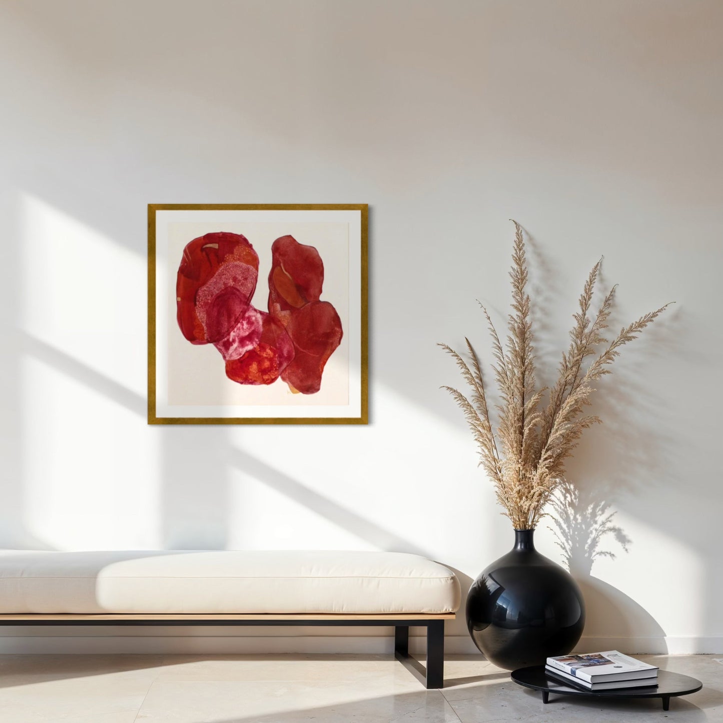 Golden Feather, statement abstract art print on paper. Framed in gold finish,  hanging in a seating area.  Ingeborg Andersson Art