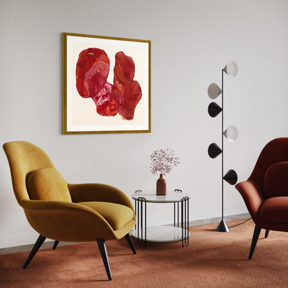 Golden Feather, statement abstract art print on paper. Framed, hanging in seating corner. Ingeborg Andersson Art