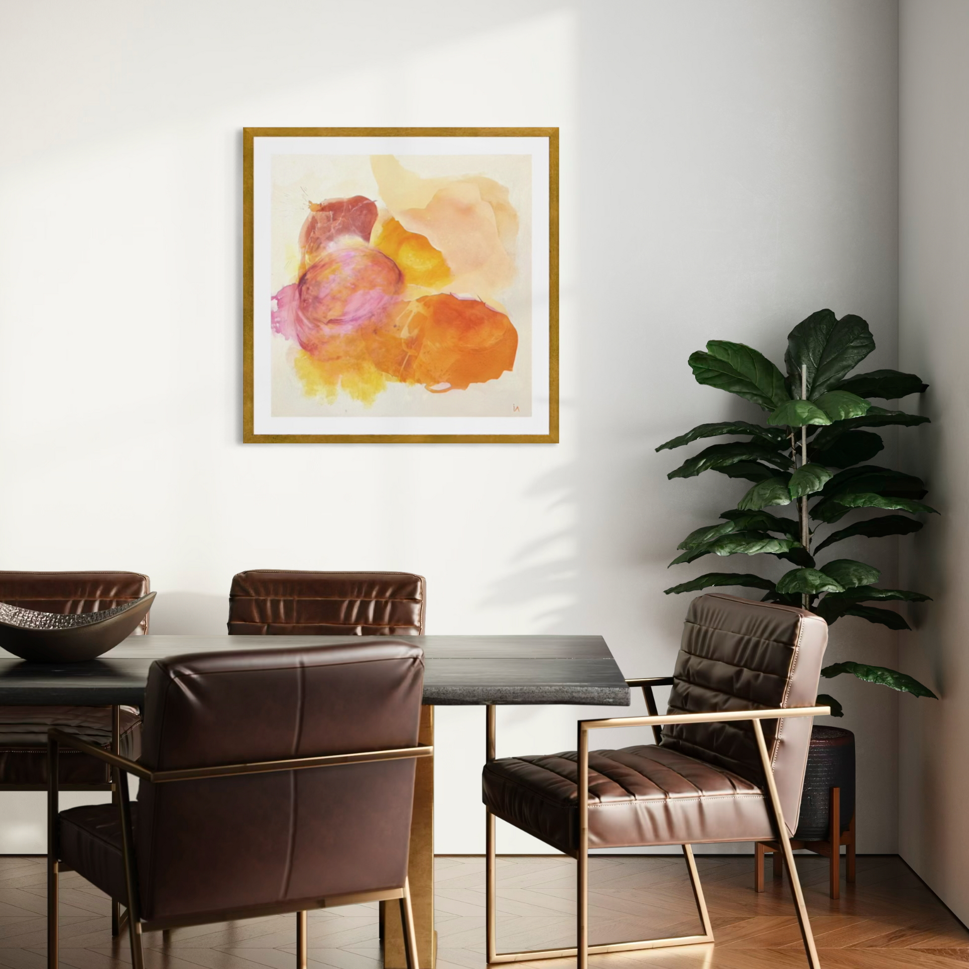 Happy Grape, colorful abstract wall art print on paper, framed in a modern dining area. Ingeborg Andersson Art