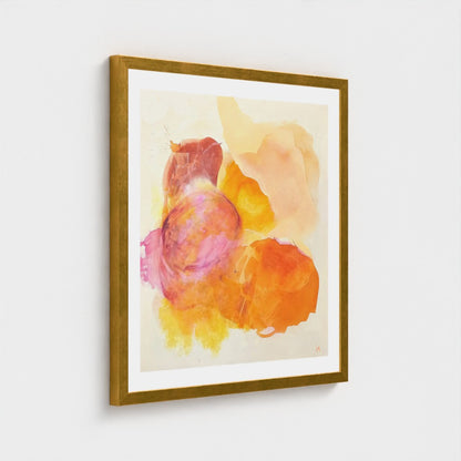 Happy Grape, colorful abstract wall art print on paper, classic frame in gold finish, close up. Ingeborg Andersson Art