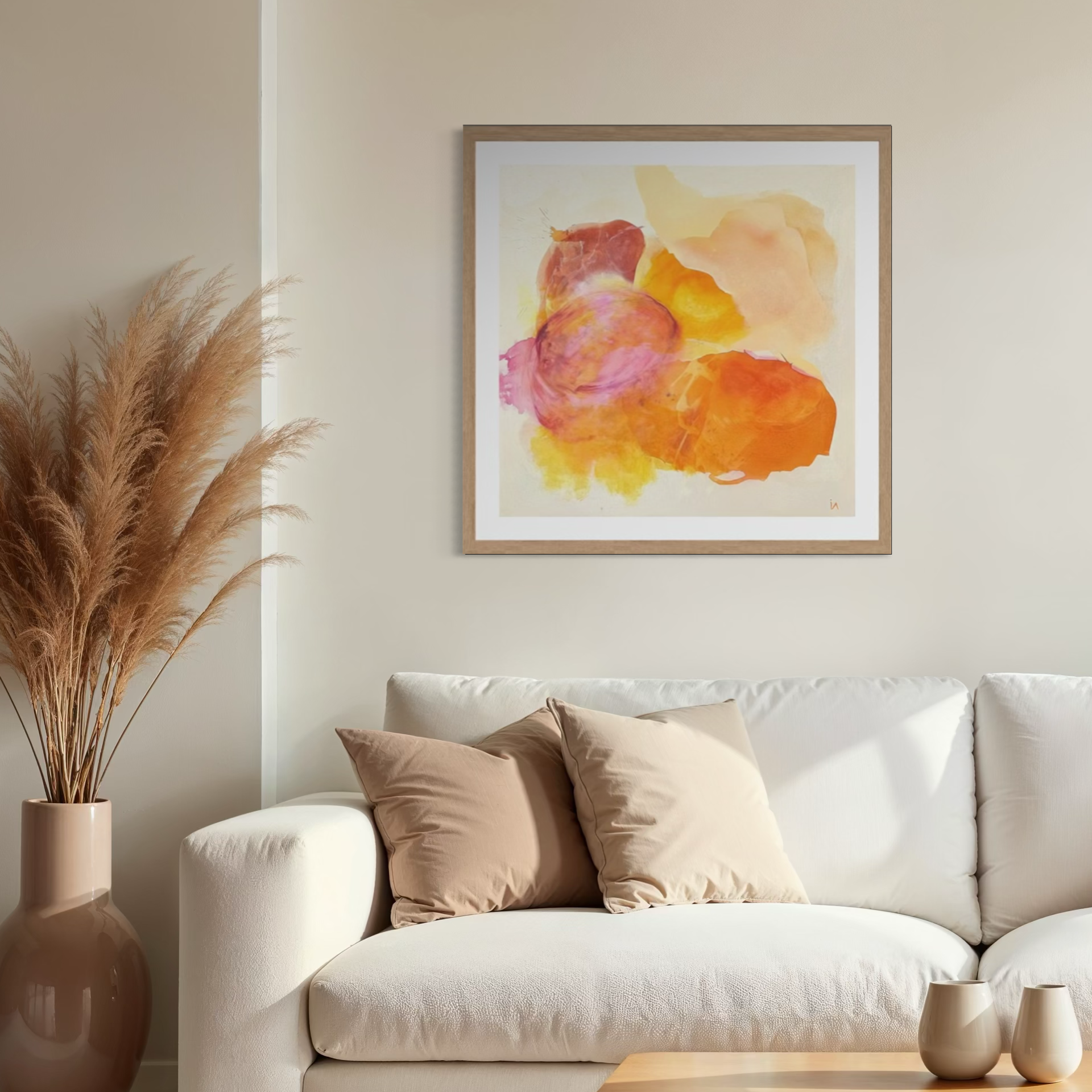 Happy Grape, colorful abstract wall art print on paper, framed in a modern living room. Ingeborg Andersson Art
