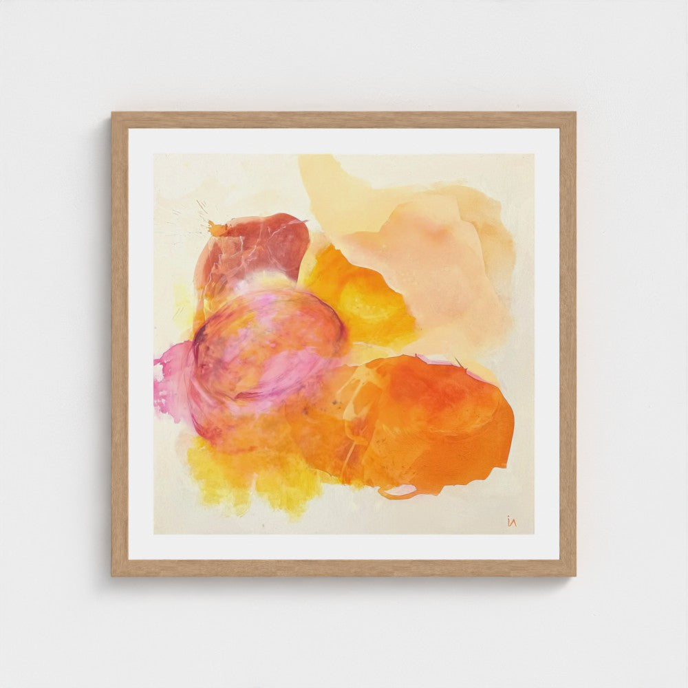 Happy Grape, colorful abstract wall art print on paper, classic frame in natural finish, close up. Ingeborg Andersson Art