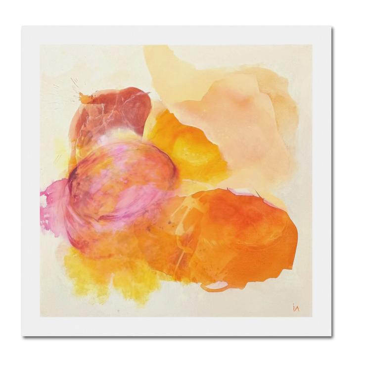 Happy Grape, colorful abstract wall art print on paper, unframed, close up. Hanging above a bench. Ingeborg Andersson Art