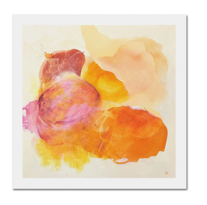 Happy Grape, colorful abstract wall art print on paper, unframed, close up. Hanging above a bench. Ingeborg Andersson Art