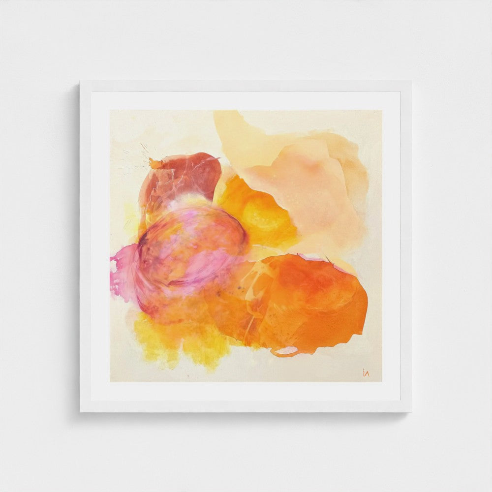 Happy Grape, colorful abstract wall art print on paper, classic frame in white finish, close up. Ingeborg Andersson Art
