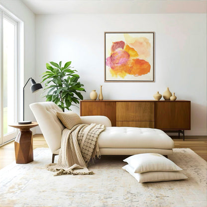 Happy Grape, a colorful abstract wall art print in natural frame with glowing pink, coral and golden yellow organic forms full of joy. Hanging in a modern living room, mid-century style. Ingeborg Andersson Art