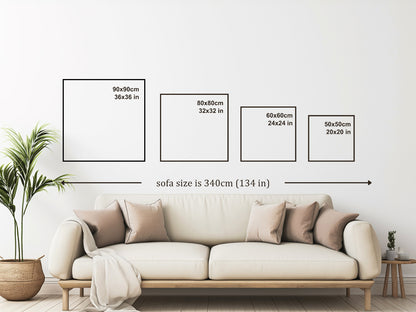 Size chart. Visual photo of different frame sizes on the wall above a sofa with a plant next to it. Ingeborg Andersson Art