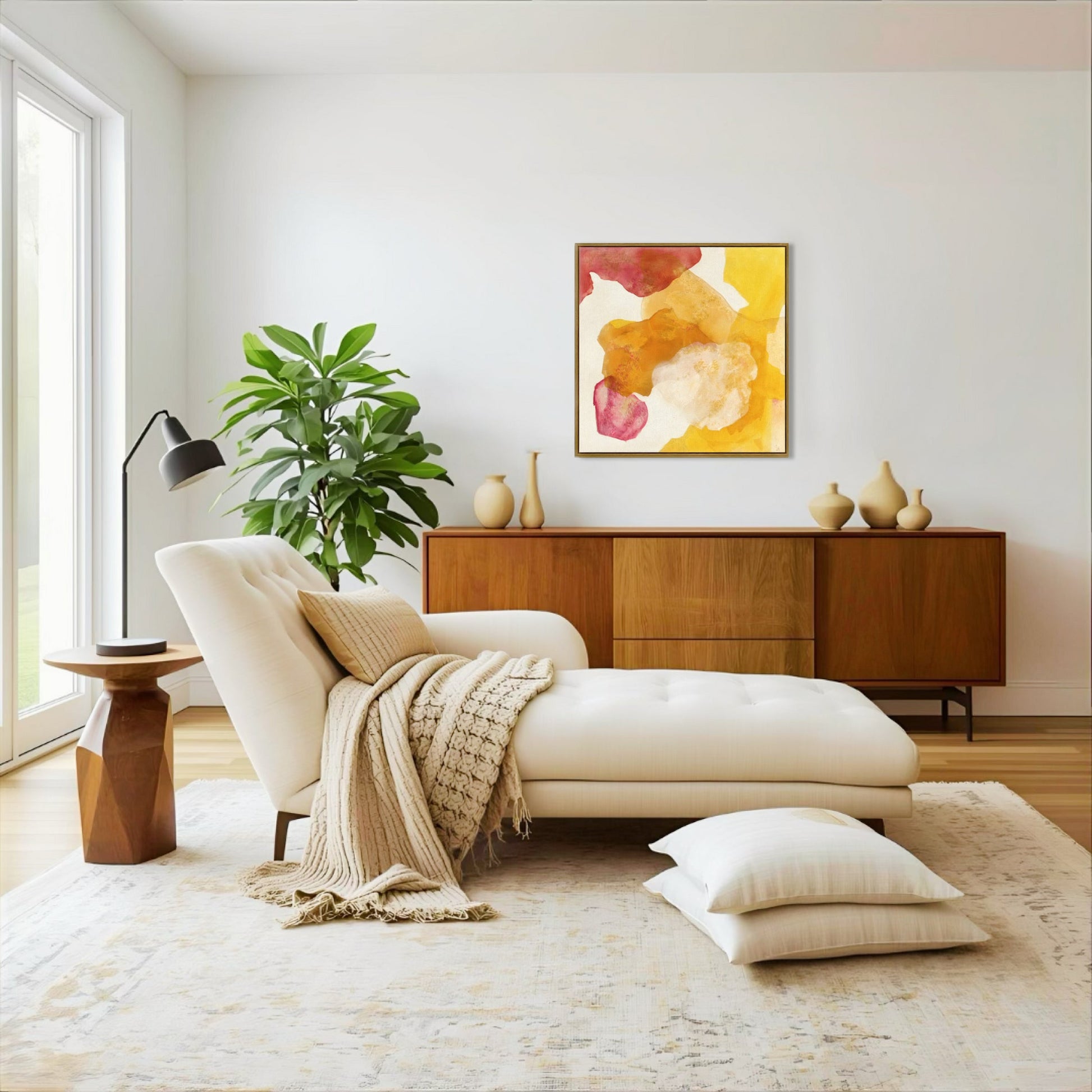 Landscape, abstract nature wall art print on canvas in a living room modern mid-century style. Ingeborg Andersson Art
