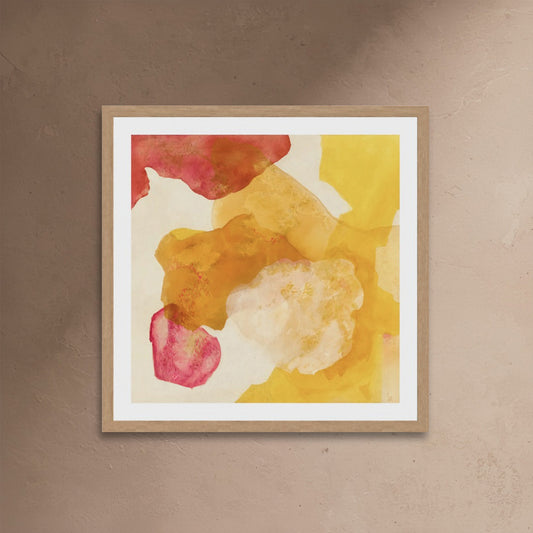 Landscape, abstract nature wall art print in classic frame with vibrant colours and bold layered forms evoking a natural landscape on paper by Ingeborg Andersson Art