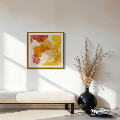 Landscape, abstract nature wall art print on paper, framed in gold finish. Hanging above a bench. Ingeborg Andersson Art