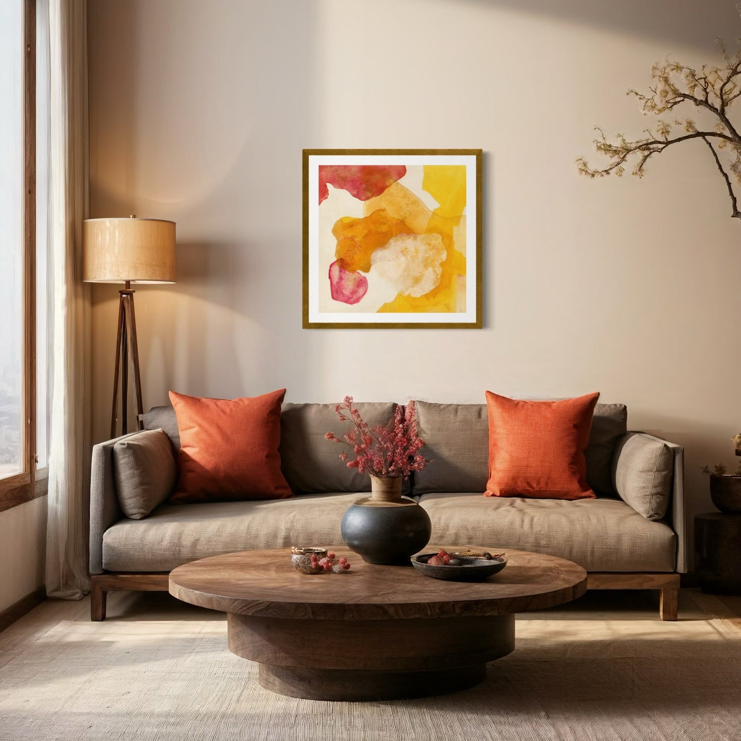 Landscape, abstract nature wall art print on paper, hanging in a modern living room. Ingeborg Andersson Art