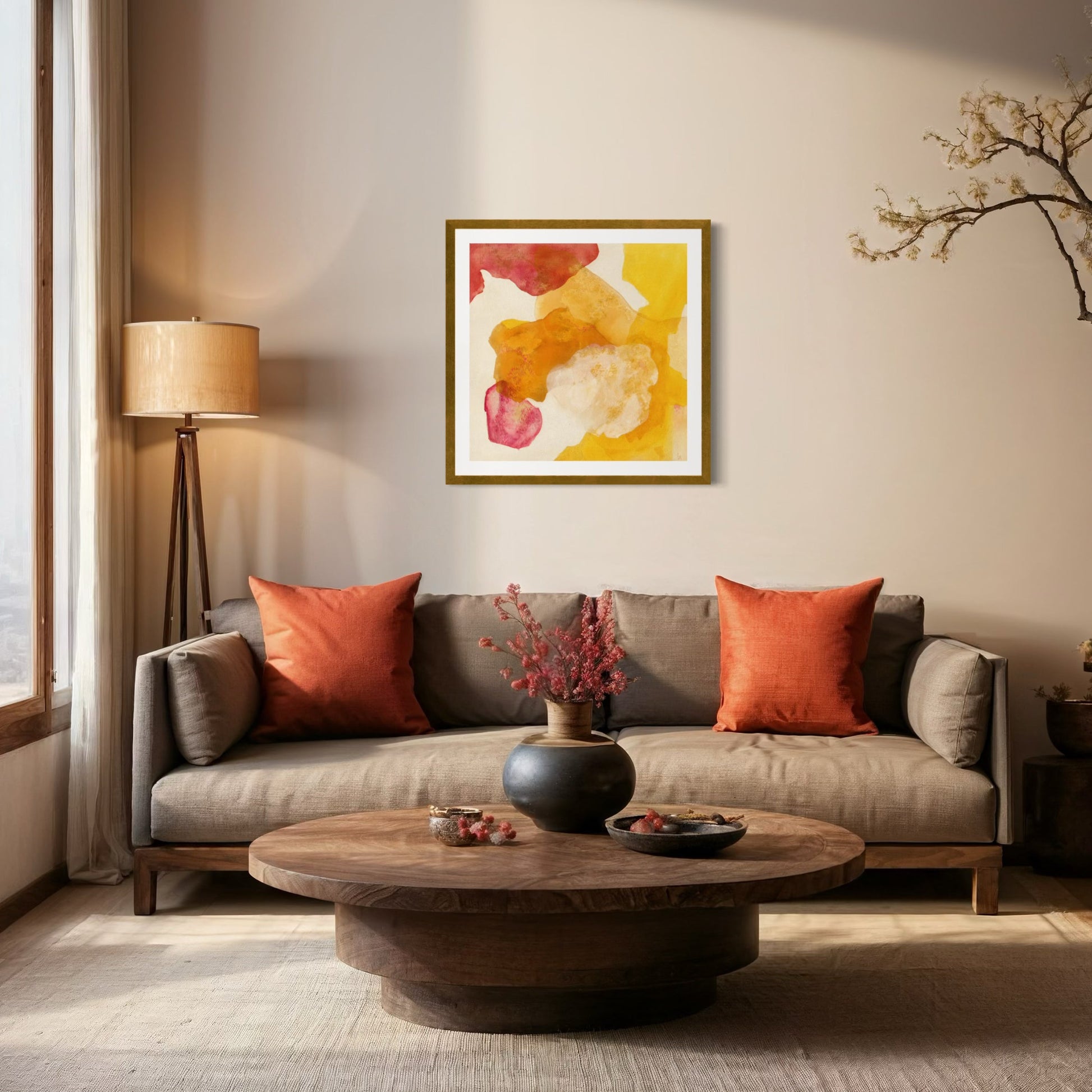 Landscape, abstract nature wall art print on paper, hanging in a modern living room. Ingeborg Andersson Art