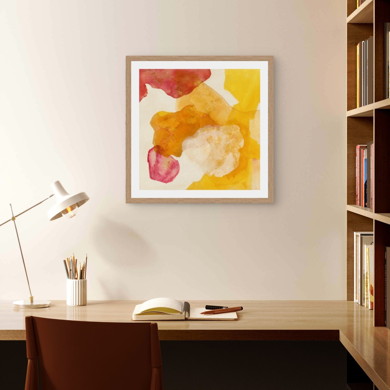 Landscape, abstract nature wall art print on paper in a classic frame. Hanging in a modern office corner.  Ingeborg Andersson Art