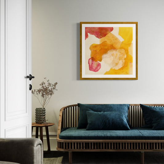 Landscape, abstract nature wall art print  on paper in a classic frame. Hanging in a seating area.  Ingeborg Andersson Art