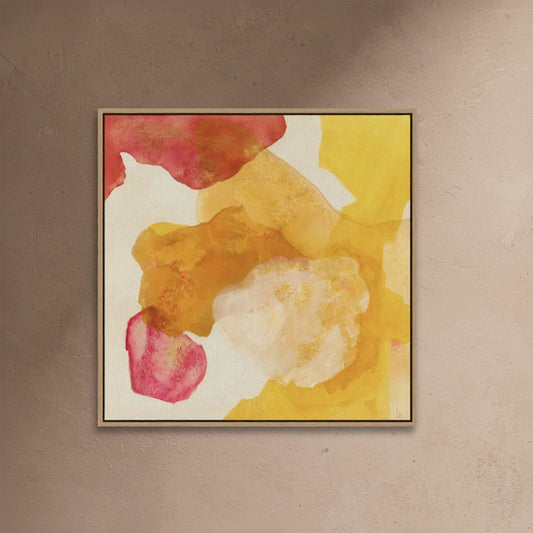 Landscape, abstract nature wall art print with golden yellow and warm earth tones evoking a peaceful natural landscape. Framed, close-up. Ingeborg Andersson Art