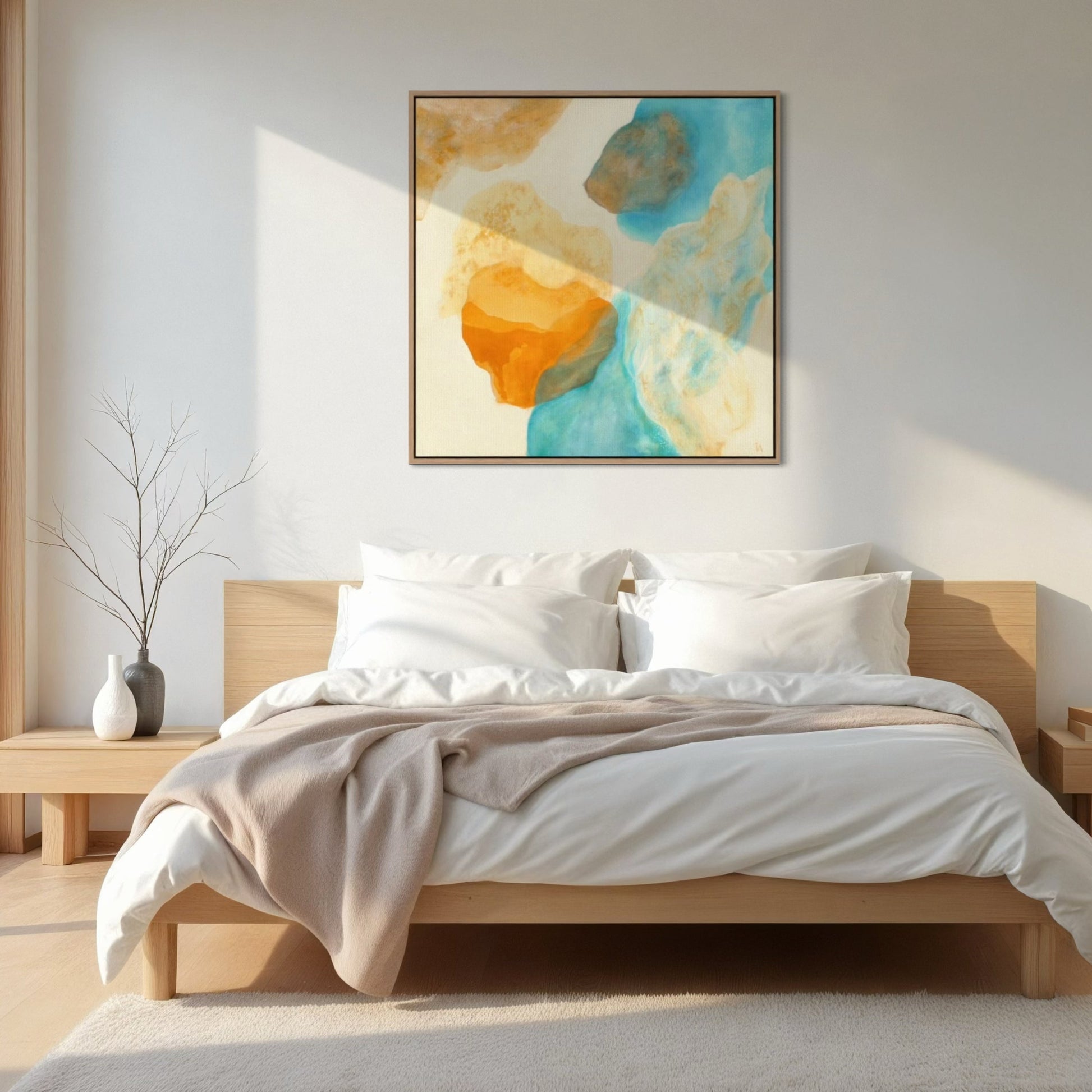 Magic Bird, nature inspired abstract art print on canvas in a bedroom. Ingeborg Andersson Art 