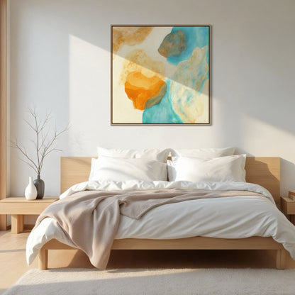 Magic Bird, nature inspired abstract art print on canvas in a bedroom. Ingeborg Andersson Art 