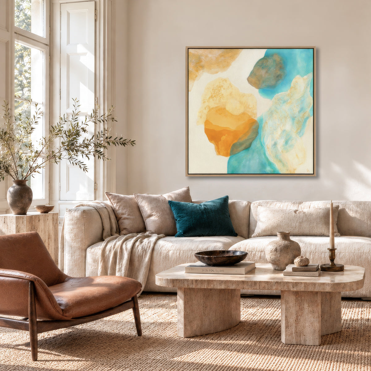 Magic Bird, nature inspired abstract art print on canvas hanging in a modern livingroom. Ingeborg Andersson Art 