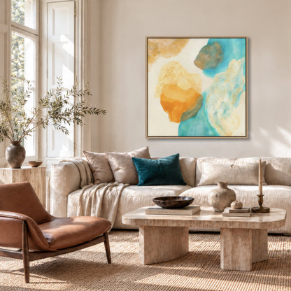 Magic Bird, nature inspired abstract art print on canvas hanging in a modern livingroom. Ingeborg Andersson Art 
