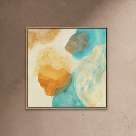 Magic Bird nature inspired abstract art print with aqua blue and golden yellow tones evoking flight and freedom in natural frame by Ingeborg Andersson